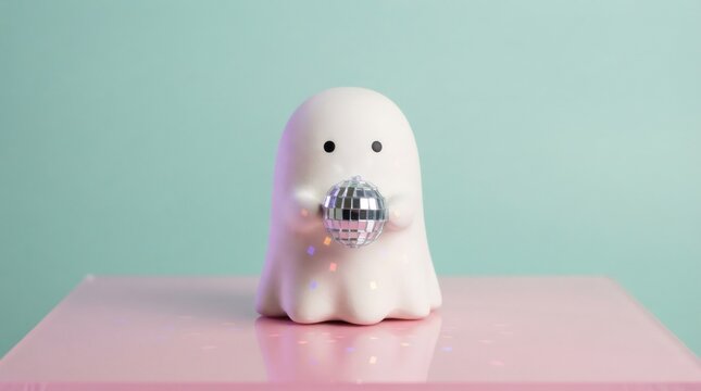 Cute felt ghost holding shiny disco ball on pink pedestal. Pastel disco Halloween party concept with funny spooky character. Festive holiday decoration for greeting card