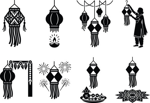 black and white diwali silhouette icons featuring traditional lanterns lamps and festive decorative elements for celebrations