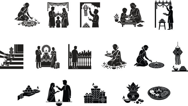 A collection of black and white diwali silhouette icons representing traditional indian festival celebrations and cultural rituals for design