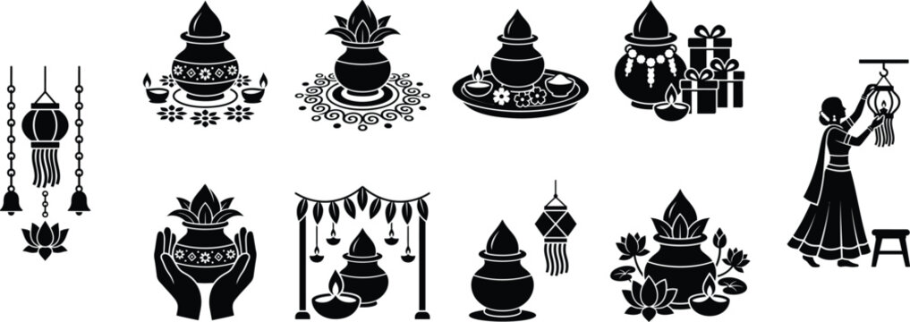A collection of black diwali silhouette icons featuring lord ganesha and traditional indian festival elements on white background