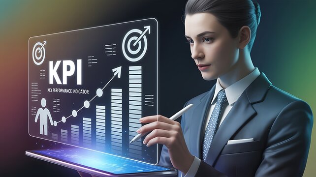 Professional business person analyzing key performance indicators on a digital tablet achieving financial targets and success