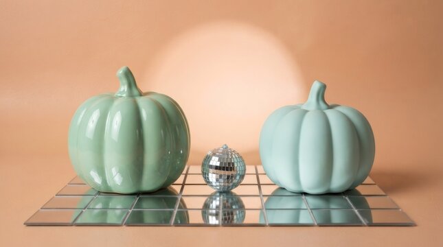 Two pastel mint pumpkin decoration with small silver disco ball on mirror mosaic tile. Pastel disco Halloween party decor concept. Trendy autumn aesthetic for celebration invitation