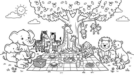 Naklejka premium Cute Animals Having a Picnic Coloring Page