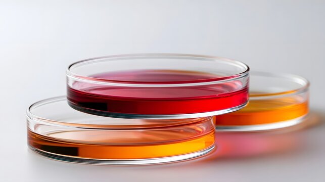 Three petri dishes with colored liquid arranged in a staggered stack on a clean white surface