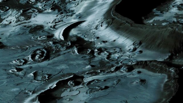 The surface of an alien planet featuring numerous craters and rough terrain. The landscape presents a rocky view with interesting formations under a dark sky.
