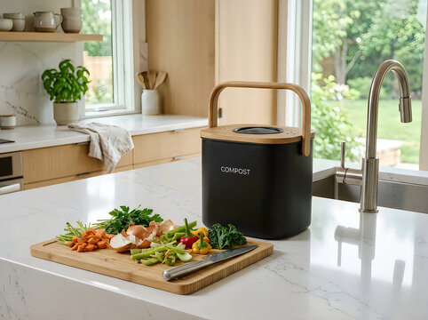 A modern black kitchen compost bin with a wooden handle sits on a white countertop next to a cutting board filled with fresh vegetable scraps and a knife
