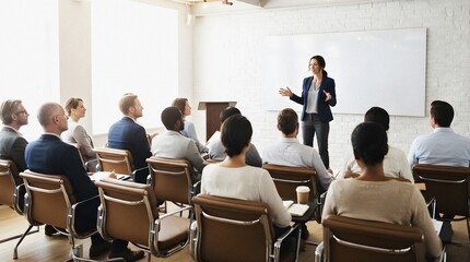 Obraz premium Businesswoman giving a presentation to a diverse audience at a seminar