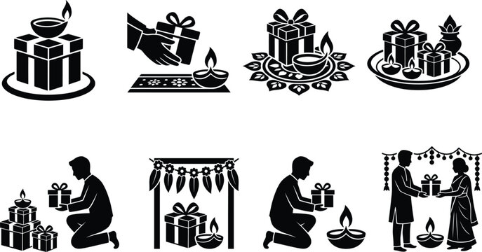 diwali silhouette icons representing traditional indian festival celebrations and cultural religious rituals, black and white 