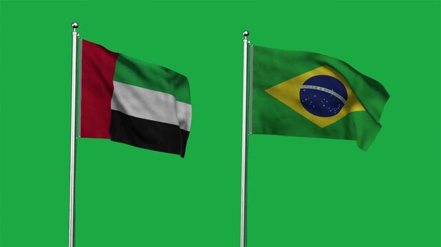 United Arab Emirates  and Brazil Waving Flags, 3D Illustration.