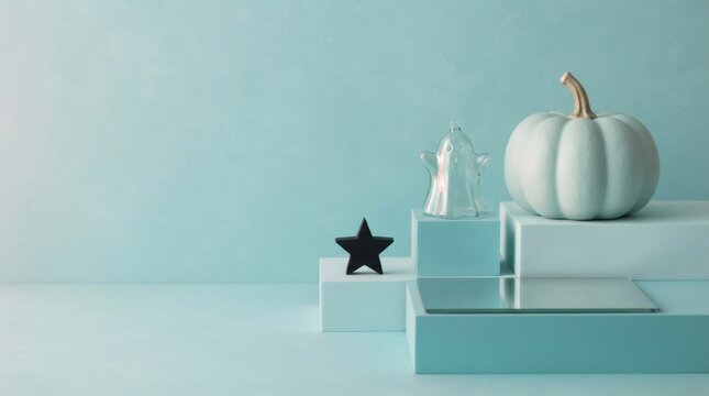 Pastel mint pumpkin and translucent ghost figure on geometric podium with mirror and star. Pastel disco Halloween aesthetic concept for trendy holiday decoration and party background