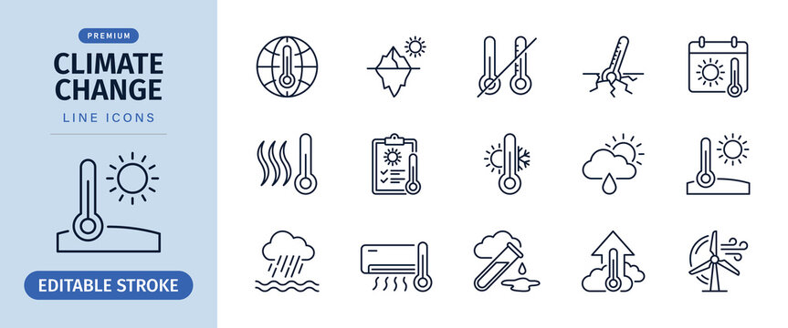 Climate change line icon set for environmental global warming and weather impact, vector illustration 