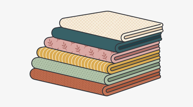 Vector illustration of folded fabric stack for quilting featuring grid leaf stripe dot and herringbone patterns