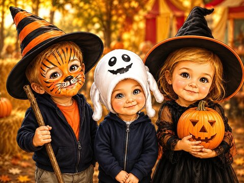 Niedliche Halloween-Karikatur mit drei kleinen Kindern in Tiger-, Geister- und Hexenkost&uuml;m, einem K&uuml;rbis und warmer herbstlicher Stimmung im Freien bei Tageslicht.
