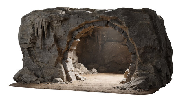 Stone cave entrance with stalactites in dramatic lighting for adventure concepts isolated on transparent background