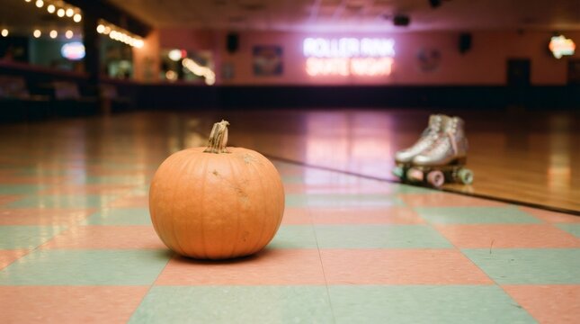 Pumpkin on pastel checkered roller rink floor with roller skates and neon light. Pastel disco Halloween party concept with retro skating vibe for autumn celebration