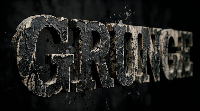 3d rendered word grunge with a distressed, cracked black paint texture on a dark background, featuring a bold, weathered typographic style with depth and shadow