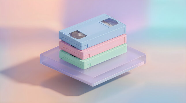 A stack of three pastelcolored vhs tapes resting on a translucent purple platform against a soft gradient background