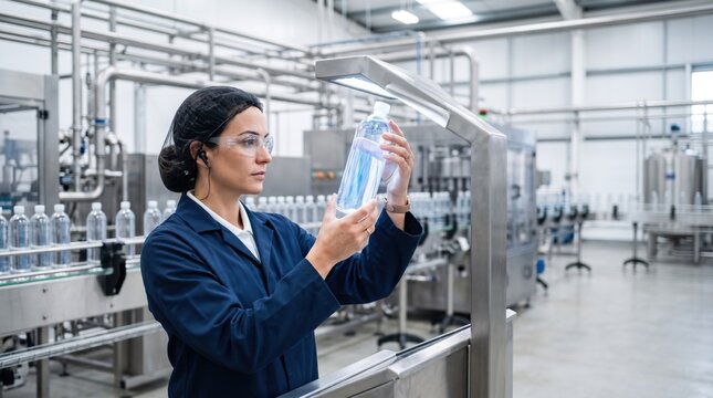 Female quality control inspector wearing safety glasses and a hairnet examining a bottled water product under a light in a manufacturing plant.
