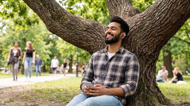Smiling young man wearing a plaid shirt sitting and leaning against a large tree trunk in a public park while holding a smartphone and listening to music.