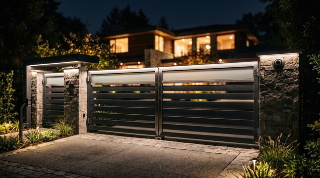 Modern automated driveway gate made of metal slats and stone pillars with warm LED lighting at night with a luxury house in the background.
