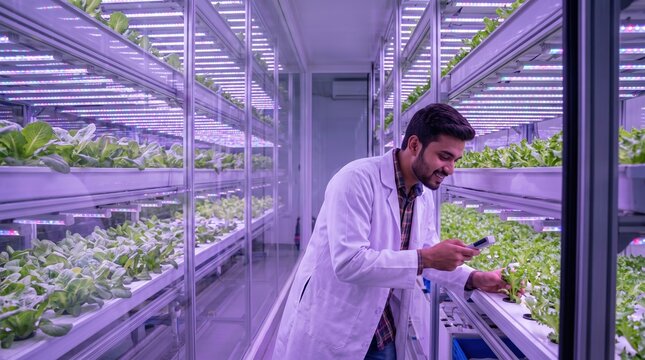 Scientist wearing a white lab coat inspecting and monitoring hydroponic green lettuce plants in an indoor vertical farm with purple LED lights.