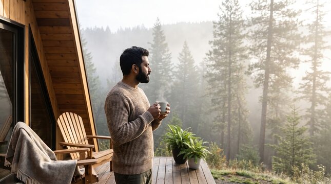 Man wearing a knit sweater holding a warm coffee cup standing on a wooden cabin balcony overlooking a foggy pine forest in the morning.
