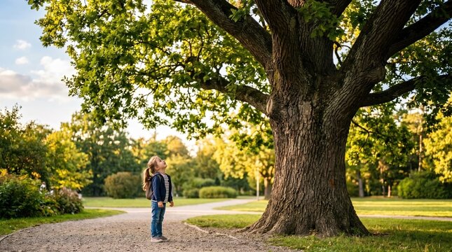 Little girl wearing a backpack standing on a path and looking up at a giant old tree in a green park with warm sunlight.