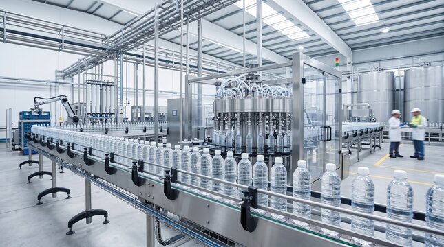 Modern automated water bottling plant with conveyor belt system and machinery filling plastic bottles in an industrial factory.