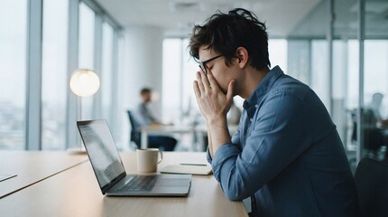Obraz premium Stressed young businessman feeling burnout at his desk in a modern office.