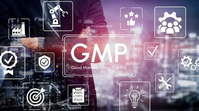Business professional interacting with digital icons representing Good Manufacturing Practices in a modern urban setting at night. Entropy.