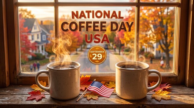 National Coffee Day USA September 29 celebration, steaming coffee mugs on autumn window sill, cozy fall morning beverage scene