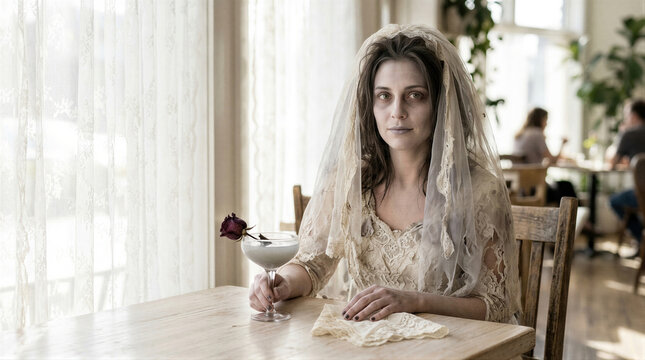 Woman in bridal dress and veil looking like a zombie sitting at a table with a drink. Scary ghost bride costume for Halloween celebration. Gothic horror character makeup theme.