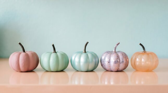 Five pastel pumpkins in row on table. Pastel disco Halloween decoration with glossy glitter and matte finish. Trendy cute autumn holiday decor concept for party and home interior