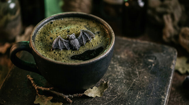 Black cup with green foamy coffee decorated with small bat shape. Spooky Halloween drink concept for party celebration. Dark moody beverage preparation for mysterious holiday theme.