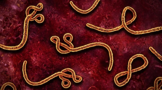 Ebola virus particles under microscope view showing filamentous structure on red background