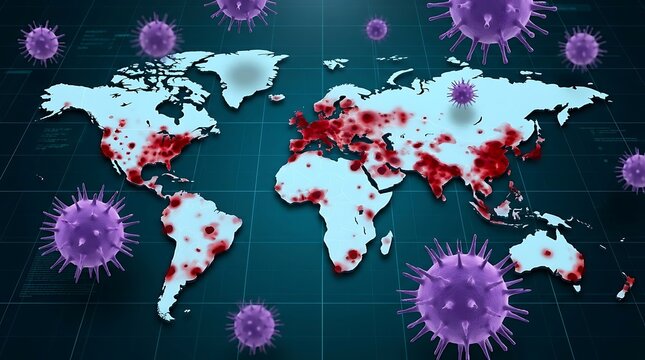 Global pandemic map showing viral outbreak spread across continents in digital data style