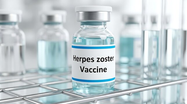 Herpes zoster vaccine vial in a laboratory test rack for medical research and immunization