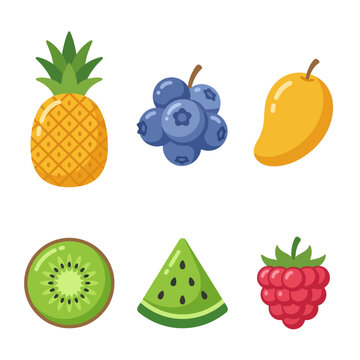 Colorful Fresh Fruit Collection: Pineapple, Blueberry, Mango, Kiwi, Watermelon, Raspberry