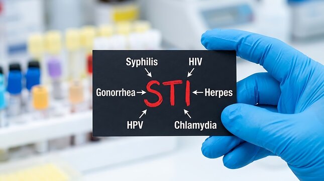 Medical professional holding a card listing common STI types in a laboratory setting
