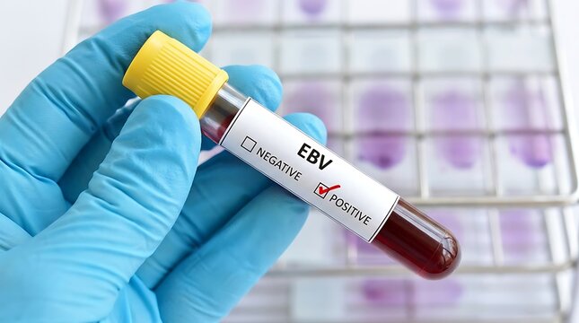 Medical professional holding blood sample tube with positive EBV virus test result in laboratory