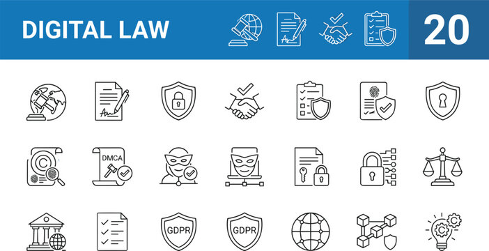 Digital Law and Cyber Security Icon Set with GDPR Protection Copyright DMCA Regulations Legal Justice Policy Compliance Line Symbols for Cybersecurity Websites and SoftwareDigital