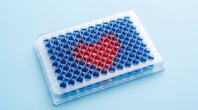 Ninety-six well microplate with blue and red chemical samples for laboratory research testing