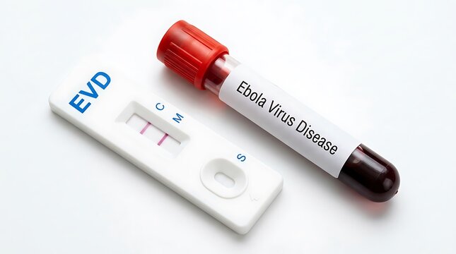 Positive Ebola Virus Disease diagnostic test kit with a blood sample tube on white background