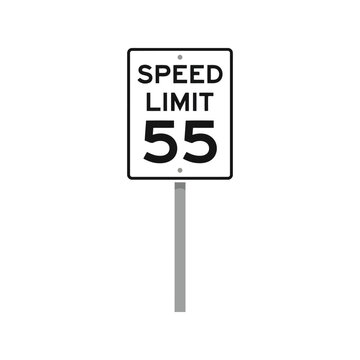 Speed limit 55 sign on a metal post isolated on white background for traffic regulation.