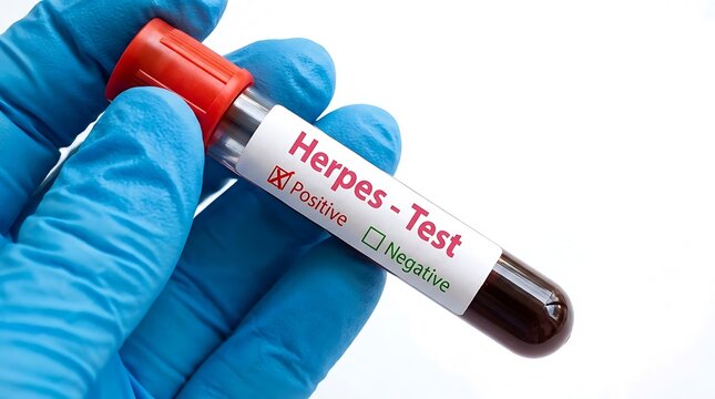 Positive Herpes Test Result in Laboratory Blood Sample Held by Technician in Blue Gloves