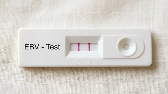 Positive Epstein Barr Virus EBV rapid test kit showing two lines on white background