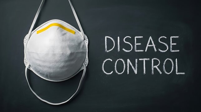 Protective N95 respirator mask hanging on chalkboard with text Disease Control written in chalk