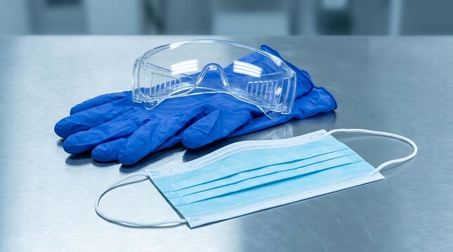 Protective medical gear including safety goggles gloves and face mask on metal surface