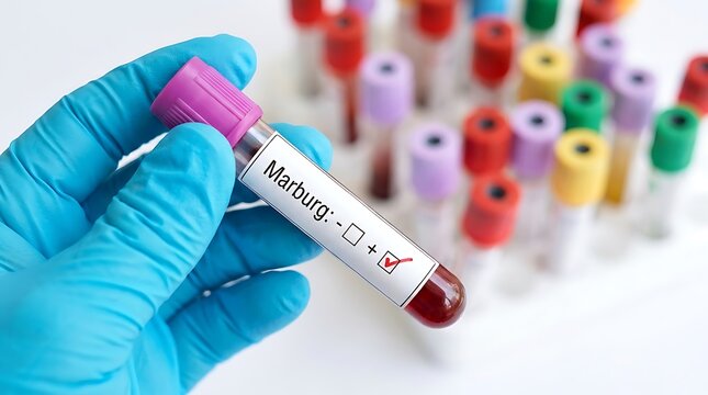Scientist hand holding blood sample test tube positive for Marburg virus in lab