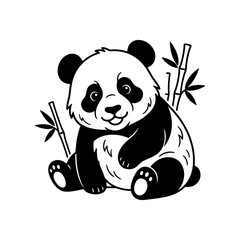 Adorable panda bear sitting with bamboo stalks in a simple line drawing style © Shamim Studio